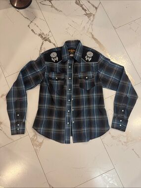 El General Blue and Black Plaid Western Shirt with Embroidered Shoulder Patches